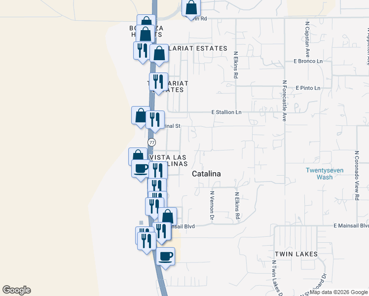 map of restaurants, bars, coffee shops, grocery stores, and more near 16302 North Avenue Del Canada in Tucson