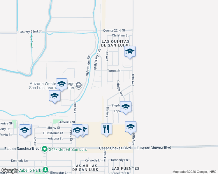 map of restaurants, bars, coffee shops, grocery stores, and more near 1349 North 9th Avenue in San Luis