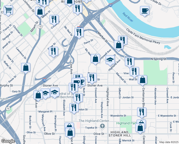 map of restaurants, bars, coffee shops, grocery stores, and more near 1025 Foster Street in Shreveport