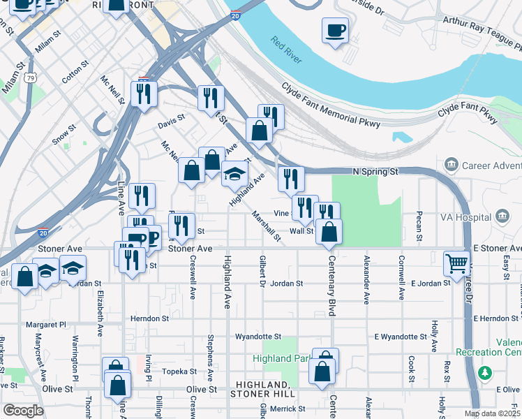 map of restaurants, bars, coffee shops, grocery stores, and more near 72297 Vine Street in Shreveport