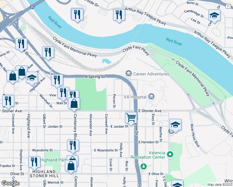 map of restaurants, bars, coffee shops, grocery stores, and more near 18969 Common Street in Shreveport