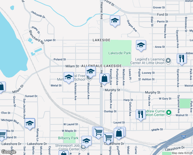 map of restaurants, bars, coffee shops, grocery stores, and more near 2736 Ashton Street in Shreveport