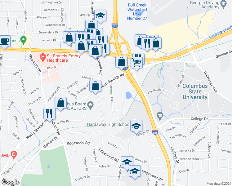 map of restaurants, bars, coffee shops, grocery stores, and more near 4002 Armour Avenue in Columbus
