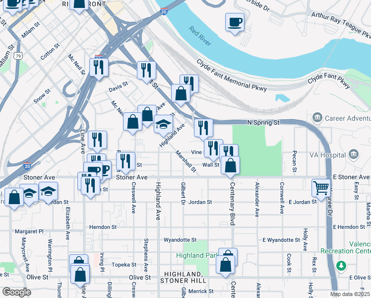 map of restaurants, bars, coffee shops, grocery stores, and more near 72297 Vine Street in Shreveport