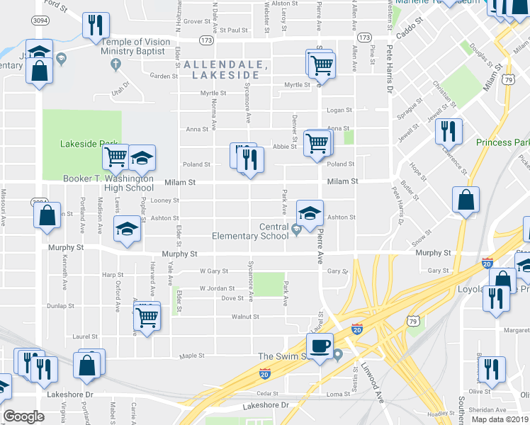 map of restaurants, bars, coffee shops, grocery stores, and more near 1732 Ashton Street in Shreveport