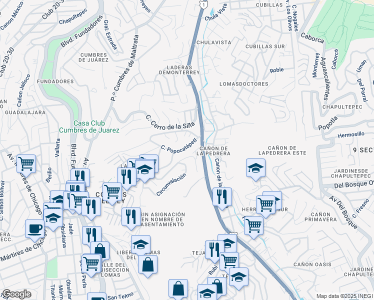 map of restaurants, bars, coffee shops, grocery stores, and more near 16 Calle Popocatépetl in Tijuana