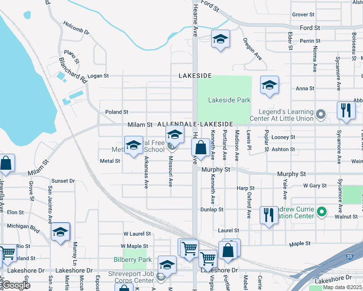 map of restaurants, bars, coffee shops, grocery stores, and more near 2736 Ashton St in Shreveport