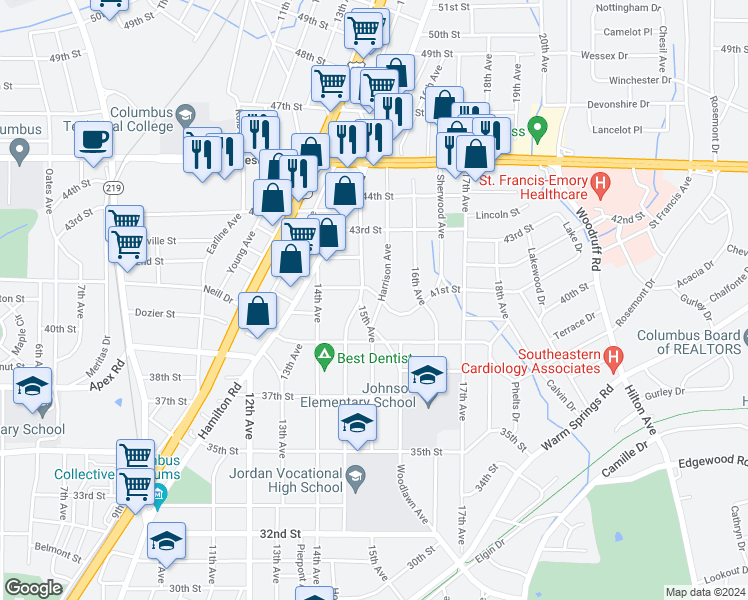 map of restaurants, bars, coffee shops, grocery stores, and more near 4015 Harrison Avenue in Columbus