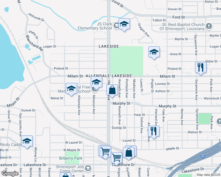 map of restaurants, bars, coffee shops, grocery stores, and more near 2628 Ashton Street in Shreveport