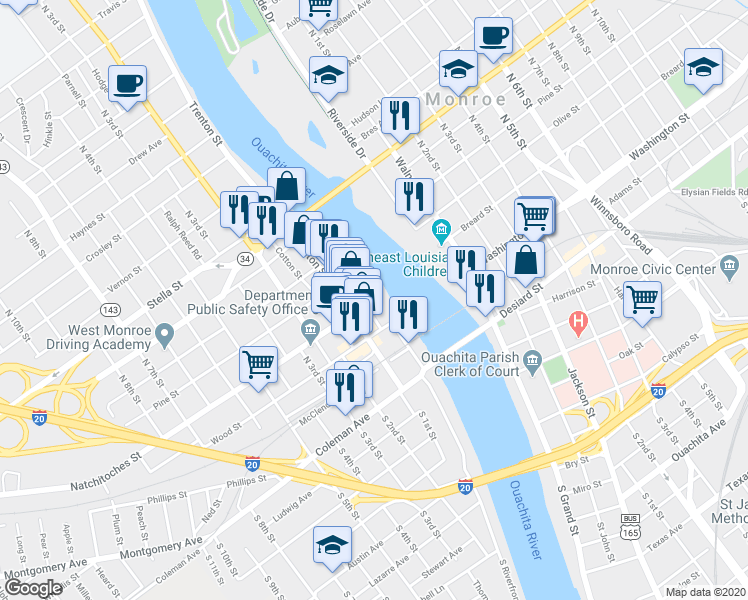 map of restaurants, bars, coffee shops, grocery stores, and more near 198 Commerce Street in West Monroe