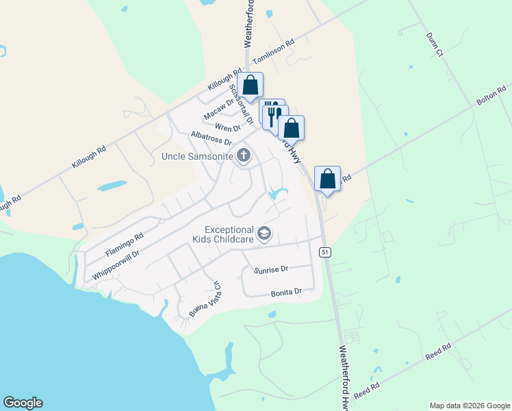 map of restaurants, bars, coffee shops, grocery stores, and more near 413 Whippoorwill Drive in Granbury