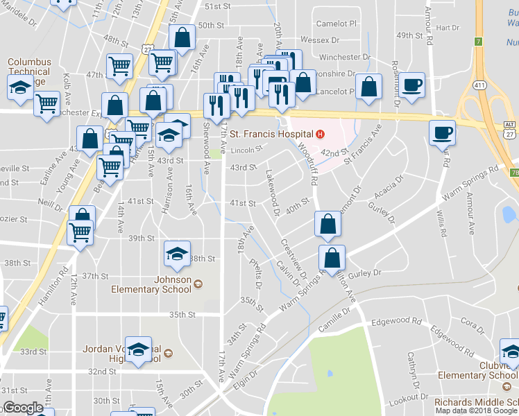 map of restaurants, bars, coffee shops, grocery stores, and more near 1818 41st Street in Columbus