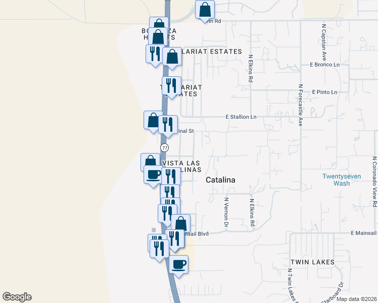 map of restaurants, bars, coffee shops, grocery stores, and more near 16302 North Avenue Del Canada in Tucson