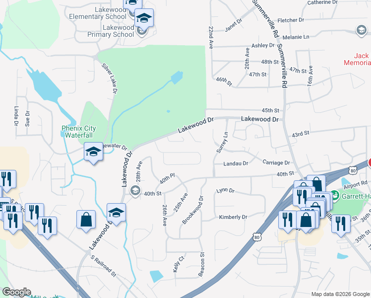 map of restaurants, bars, coffee shops, grocery stores, and more near 2744 Sawgrass Lane in Phenix City