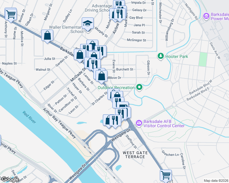 map of restaurants, bars, coffee shops, grocery stores, and more near 2702 Barksdale Boulevard in Bossier City