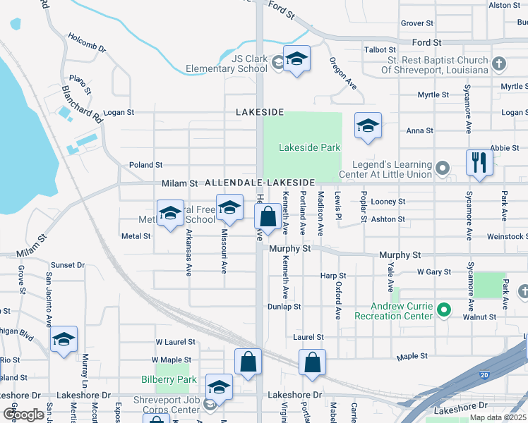 map of restaurants, bars, coffee shops, grocery stores, and more near 2628 Ashton Street in Shreveport
