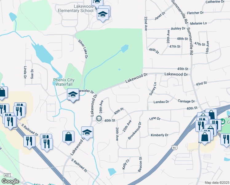 map of restaurants, bars, coffee shops, grocery stores, and more near 2764 Sawgrass Lane in Phenix City