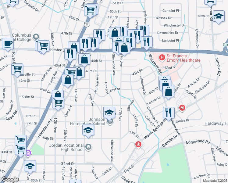map of restaurants, bars, coffee shops, grocery stores, and more near 1620 41st Street in Columbus