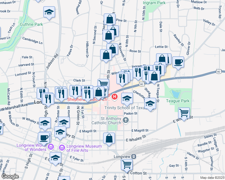 map of restaurants, bars, coffee shops, grocery stores, and more near 703 East Marshall Avenue in Longview