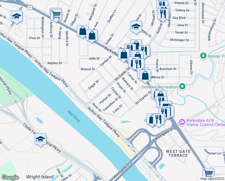 map of restaurants, bars, coffee shops, grocery stores, and more near 2520 Trichel Street in Bossier City
