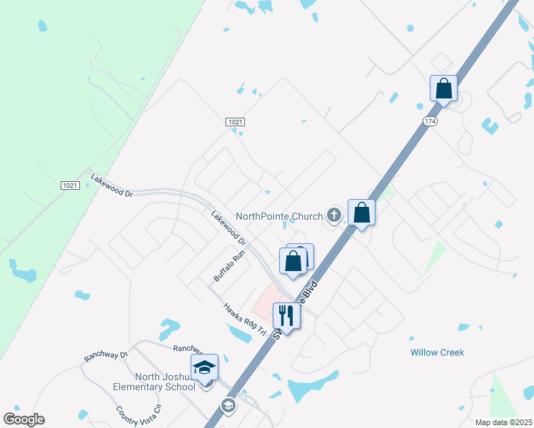 map of restaurants, bars, coffee shops, grocery stores, and more near 2609 Castle Pines Drive in Burleson