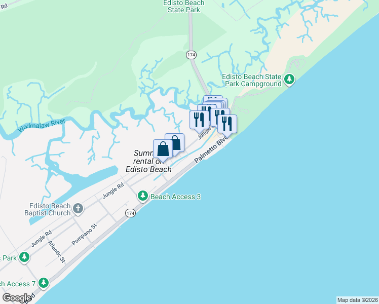 map of restaurants, bars, coffee shops, grocery stores, and more near 123 Palmetto Boulevard in Edisto Island