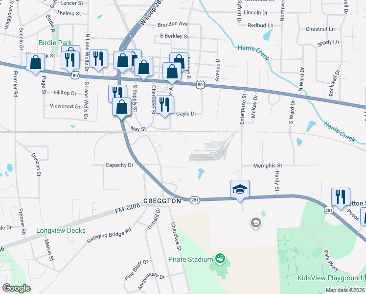 map of restaurants, bars, coffee shops, grocery stores, and more near 301 Service Drive in Longview