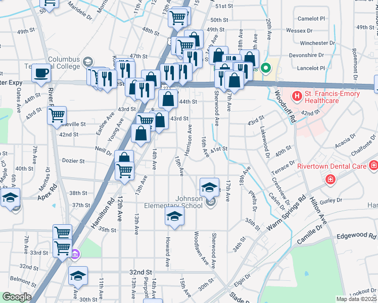 map of restaurants, bars, coffee shops, grocery stores, and more near 4015 Harrison Avenue in Columbus