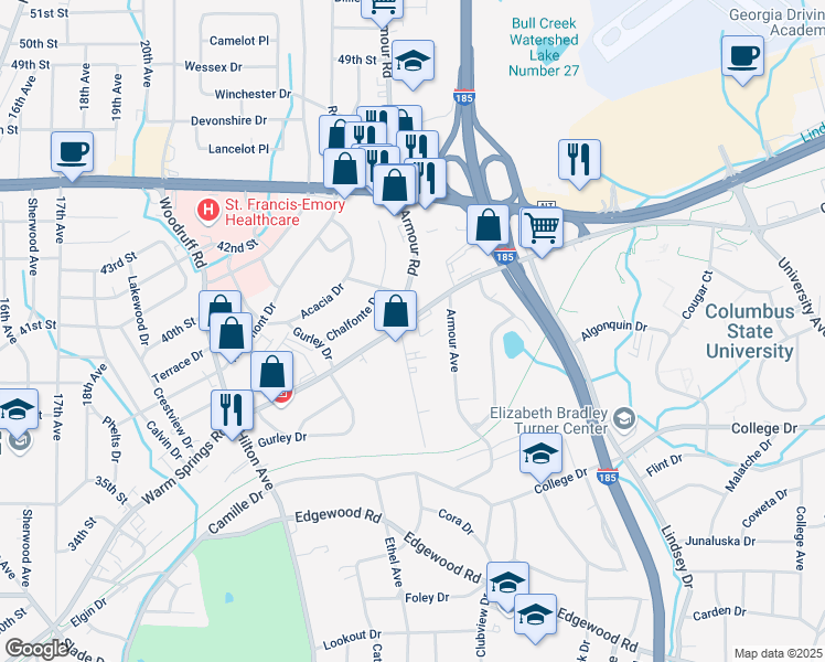 map of restaurants, bars, coffee shops, grocery stores, and more near 2708 Warm Springs Road in Columbus