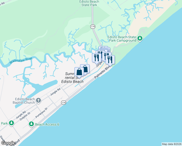 map of restaurants, bars, coffee shops, grocery stores, and more near 123 Palmetto Boulevard in Edisto Island