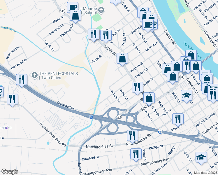 map of restaurants, bars, coffee shops, grocery stores, and more near 998 Haynes St in West Monroe