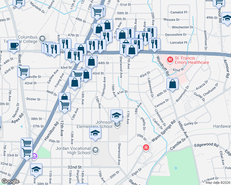 map of restaurants, bars, coffee shops, grocery stores, and more near 1551 41st Street in Columbus