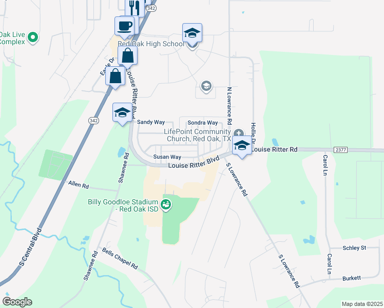 map of restaurants, bars, coffee shops, grocery stores, and more near 202 Susan Way in Red Oak