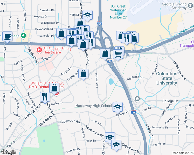 map of restaurants, bars, coffee shops, grocery stores, and more near 4002 Armour Avenue in Columbus