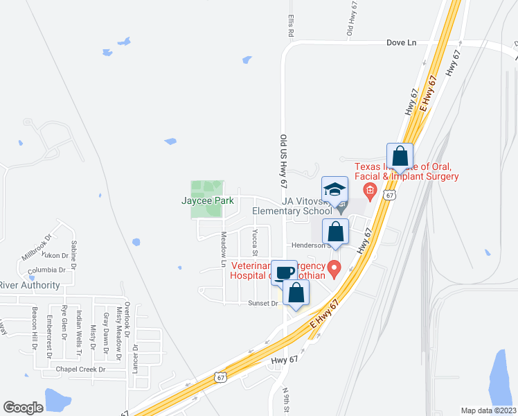 map of restaurants, bars, coffee shops, grocery stores, and more near 1614 Yucca Street in Midlothian