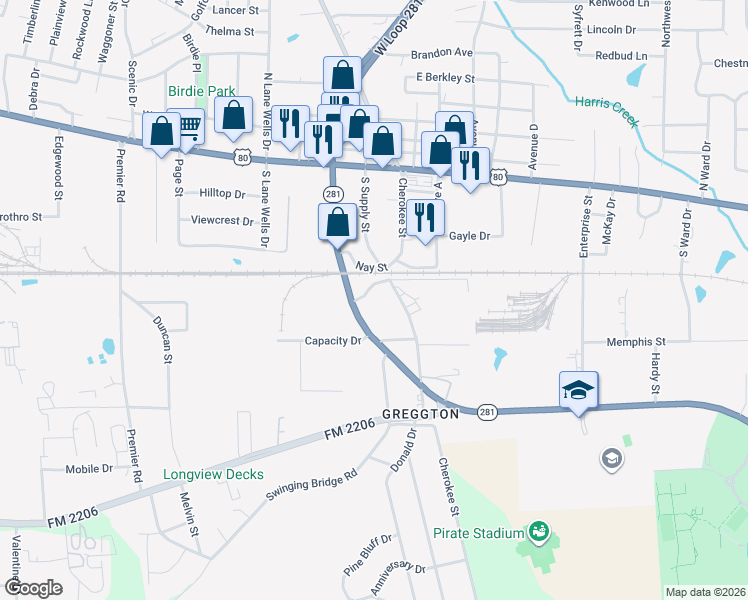 map of restaurants, bars, coffee shops, grocery stores, and more near 3200 West Loop 281 in Longview