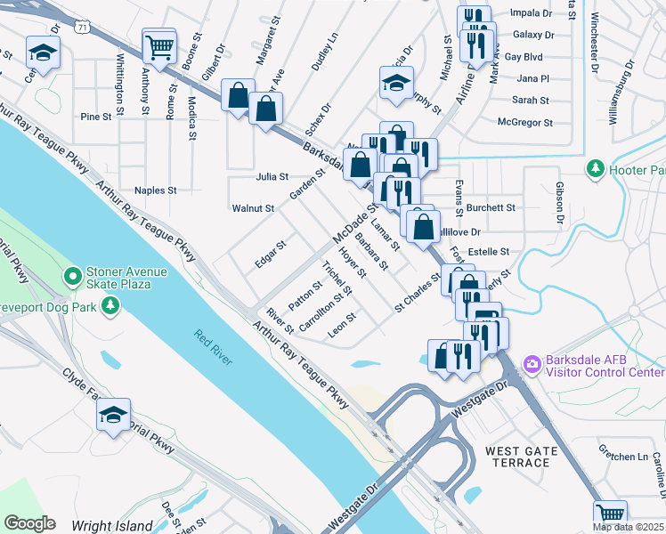 map of restaurants, bars, coffee shops, grocery stores, and more near 2520 Trichel Street in Bossier City