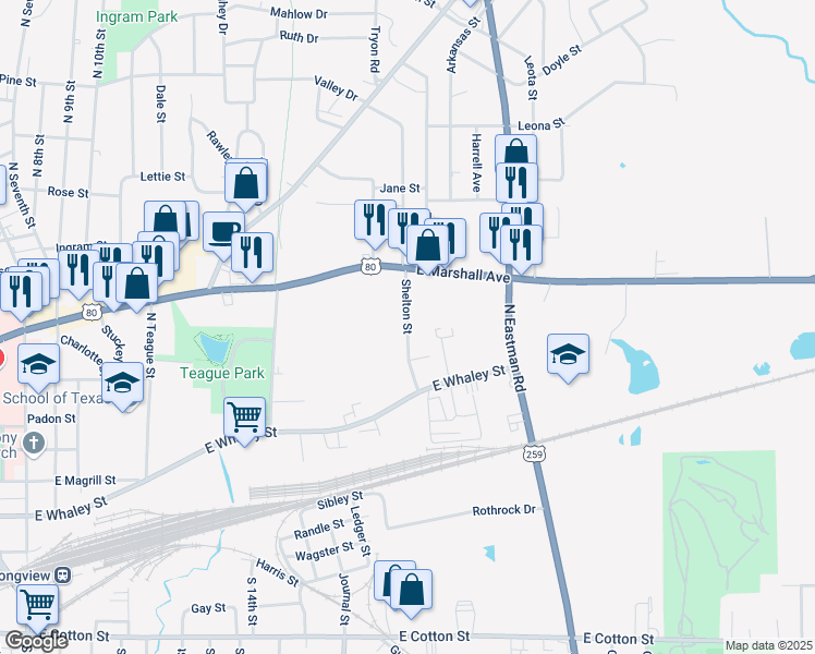 map of restaurants, bars, coffee shops, grocery stores, and more near 452 Shelton Street in Longview