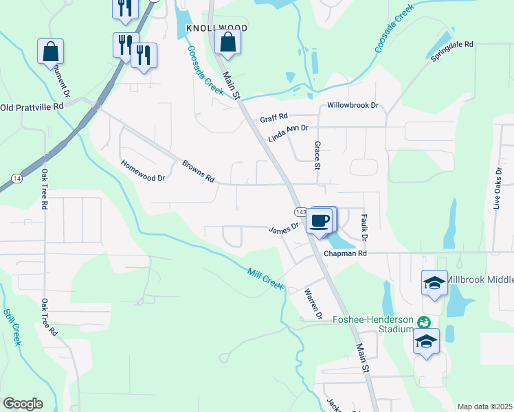 map of restaurants, bars, coffee shops, grocery stores, and more near 3540 Browns Road in Millbrook