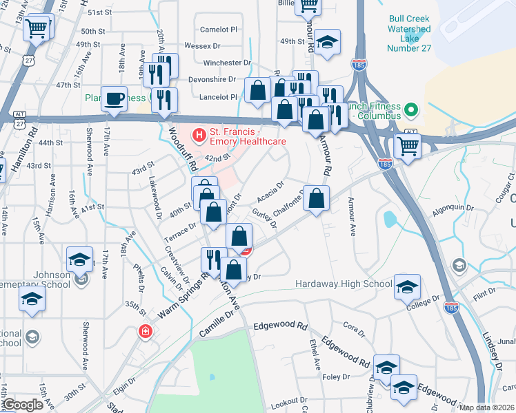 map of restaurants, bars, coffee shops, grocery stores, and more near 4100 Acacia Drive in Columbus