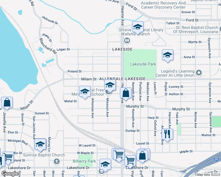 map of restaurants, bars, coffee shops, grocery stores, and more near 2751 Looney Street in Shreveport