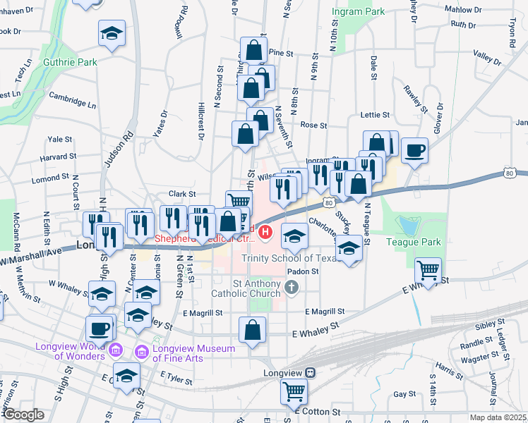 map of restaurants, bars, coffee shops, grocery stores, and more near 703 East Marshall Avenue in Longview