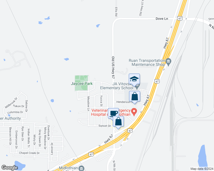 map of restaurants, bars, coffee shops, grocery stores, and more near 113 Pebble Creek Drive in Midlothian