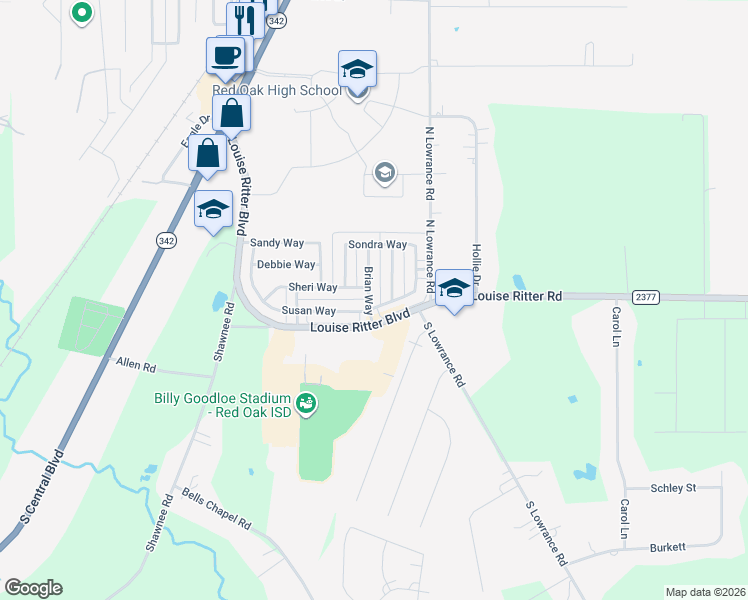 map of restaurants, bars, coffee shops, grocery stores, and more near 201 Susan Way in Red Oak