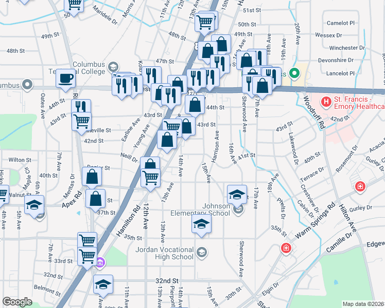map of restaurants, bars, coffee shops, grocery stores, and more near 1420 41st Street in Columbus