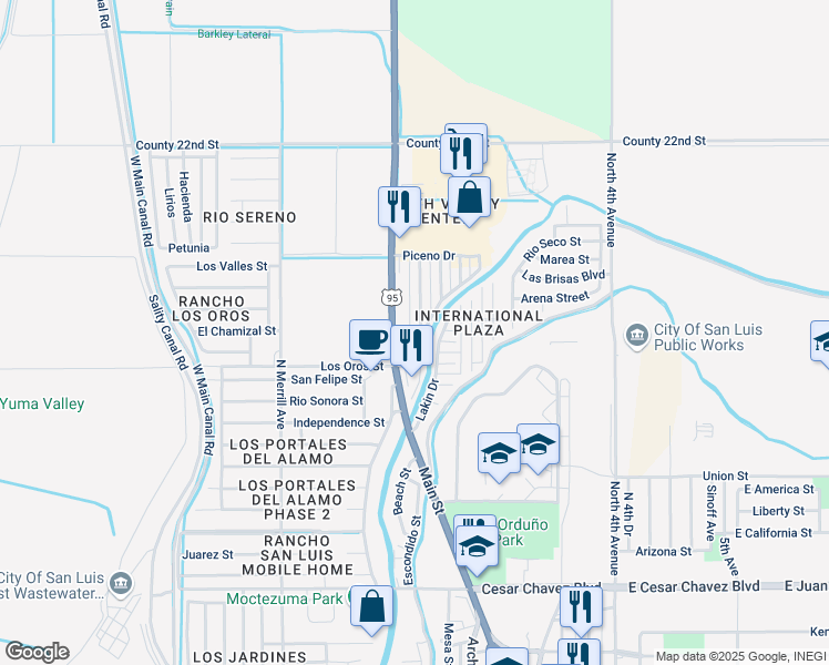 map of restaurants, bars, coffee shops, grocery stores, and more near U.S. 95 in San Luis