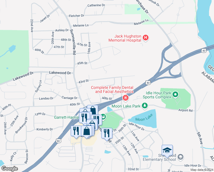 map of restaurants, bars, coffee shops, grocery stores, and more near 1312 Martindale Drive in Phenix City