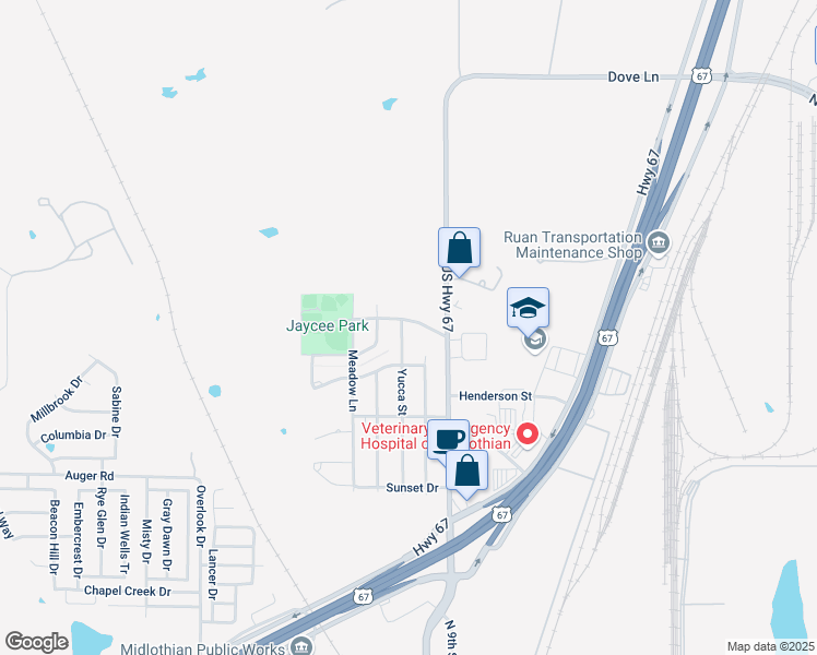 map of restaurants, bars, coffee shops, grocery stores, and more near 1620 Yucca Street in Midlothian