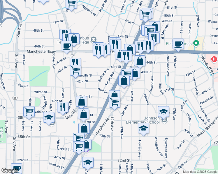 map of restaurants, bars, coffee shops, grocery stores, and more near 1126 Neill Drive in Columbus