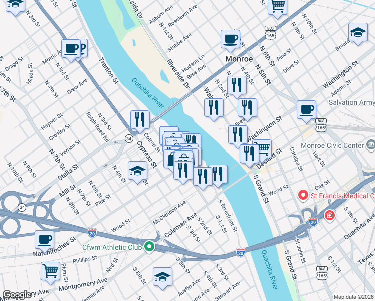 map of restaurants, bars, coffee shops, grocery stores, and more near 313 South Trenton Street in West Monroe